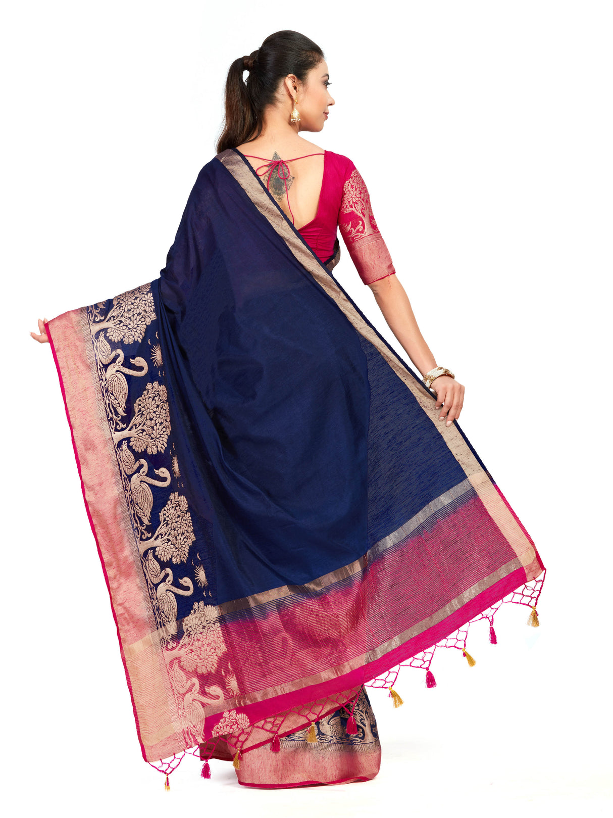 Mimosa Womens Linen Saree Kanjivaram style Navy Blue Color