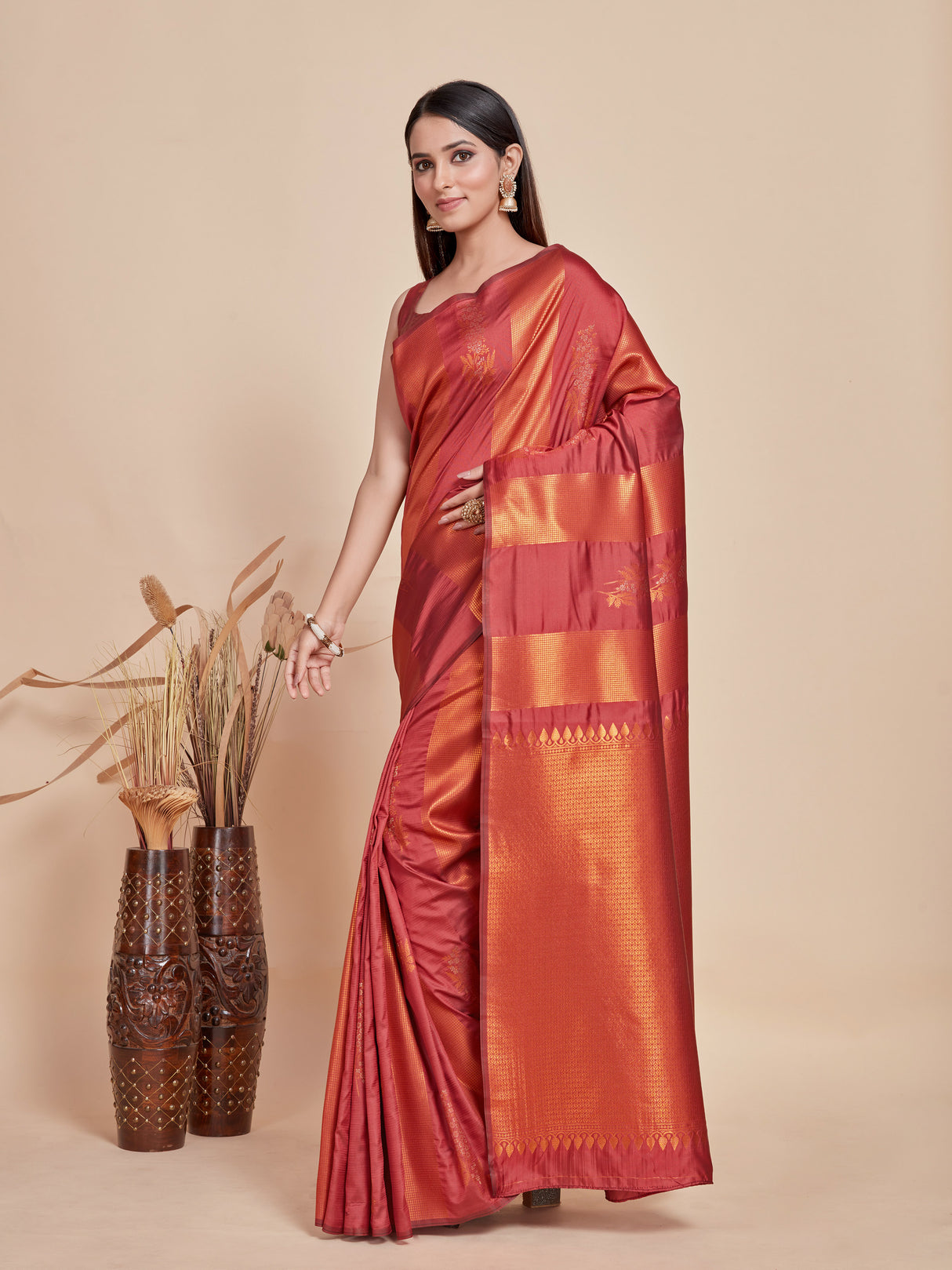 Mimosa Women's Woven Design Kanjivaram Style Art Silk Saree With Blouse Piece : SA00001383WNFREE