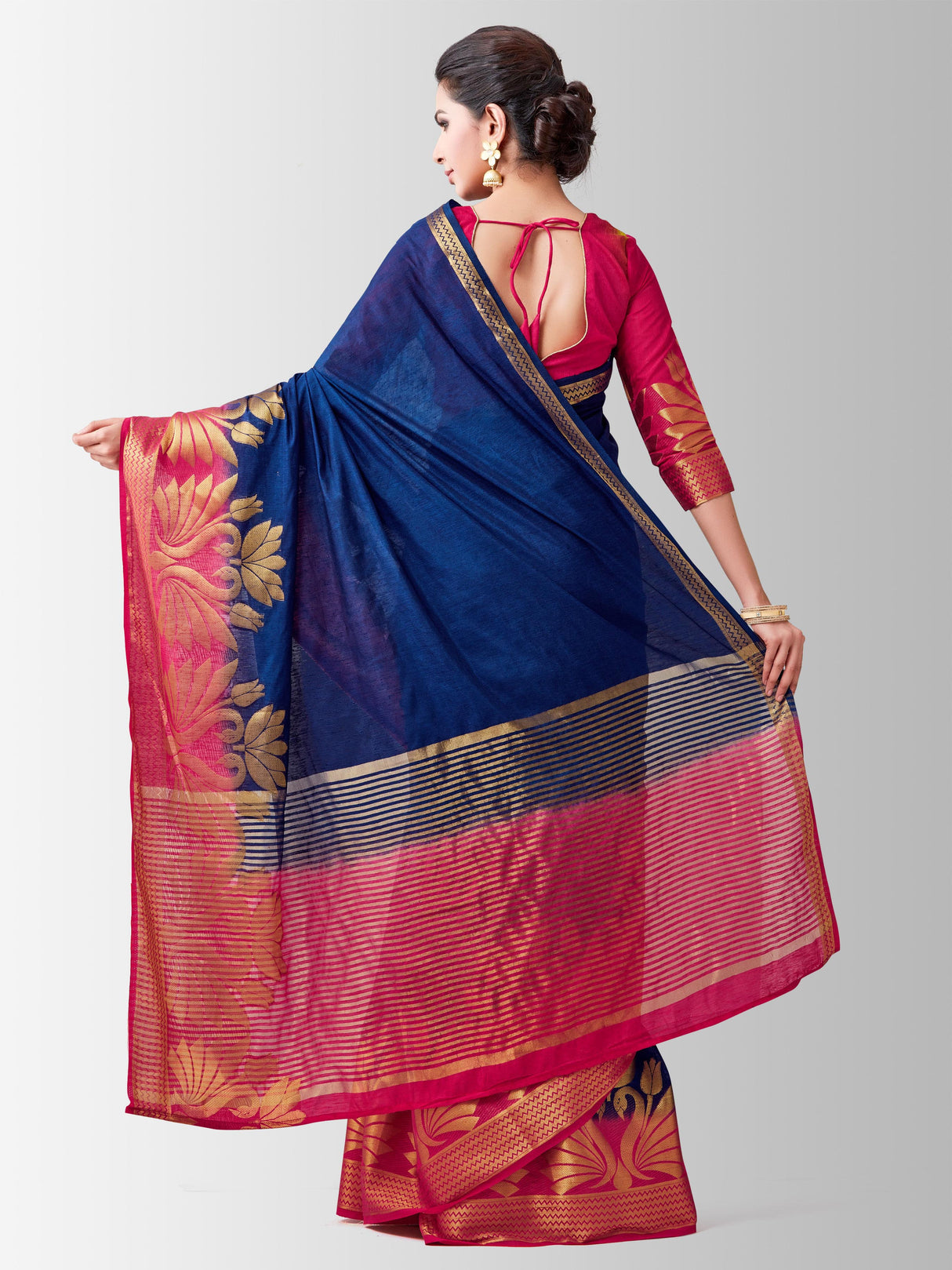 Mimosa Womens Linen Saree Kanjivaram style Navy Blue Color