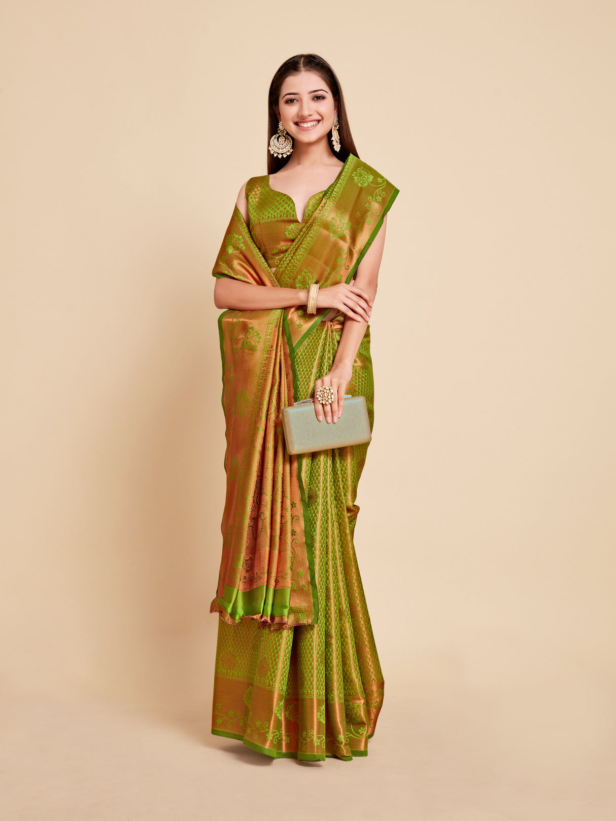 Mimosa Womens Art Silk Saree Kanjivaram Olive Color