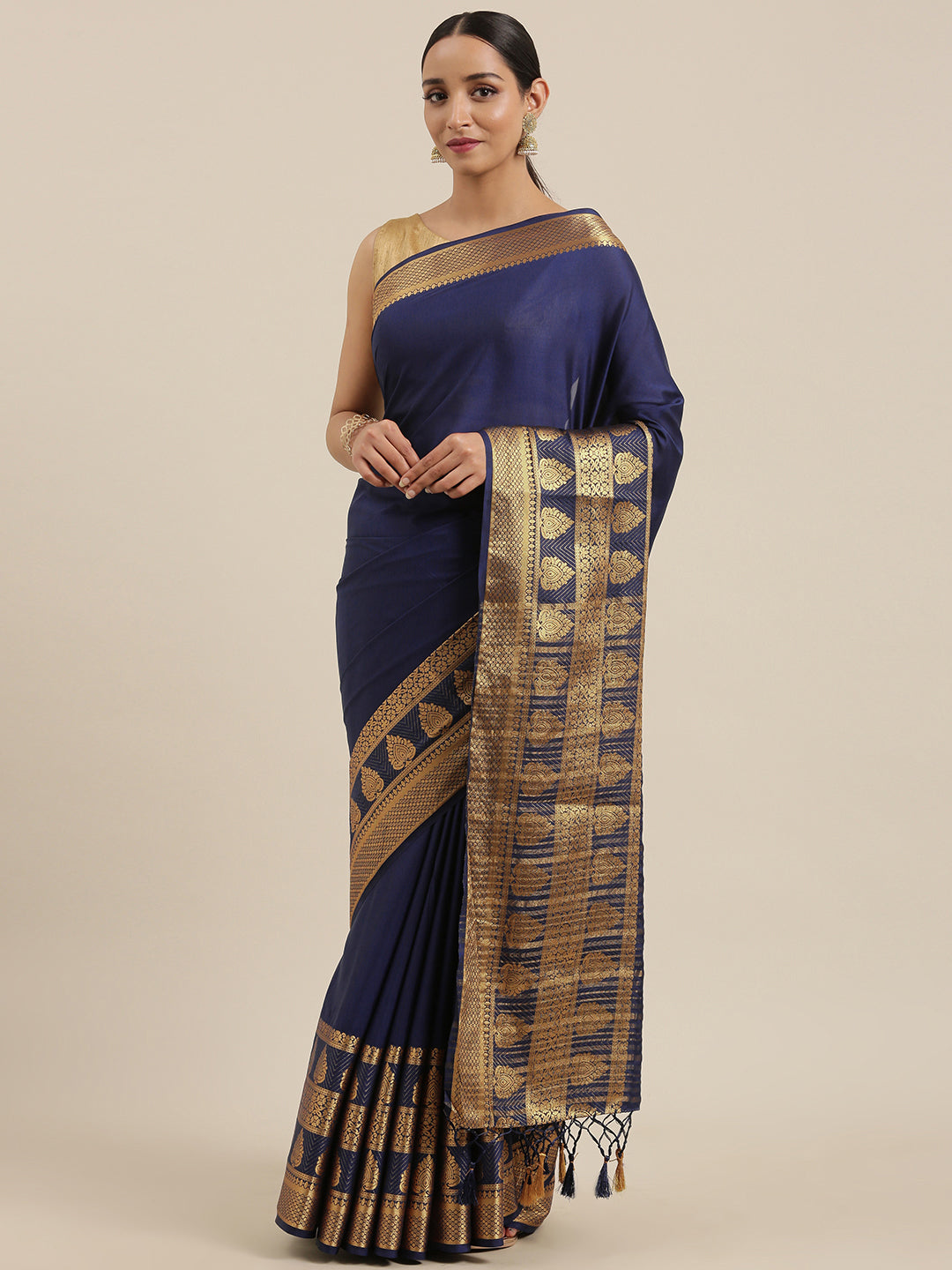 Mimosa Womens Crepe Saree Mysore Silk Navy Blue Color