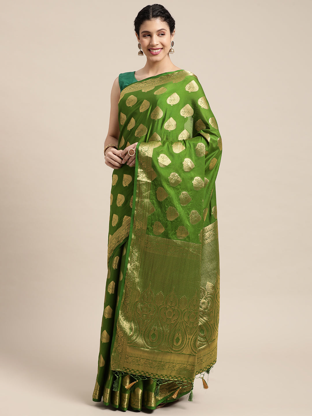 Mimosa Womens Crepe Saree Mysore Silk Olive Color