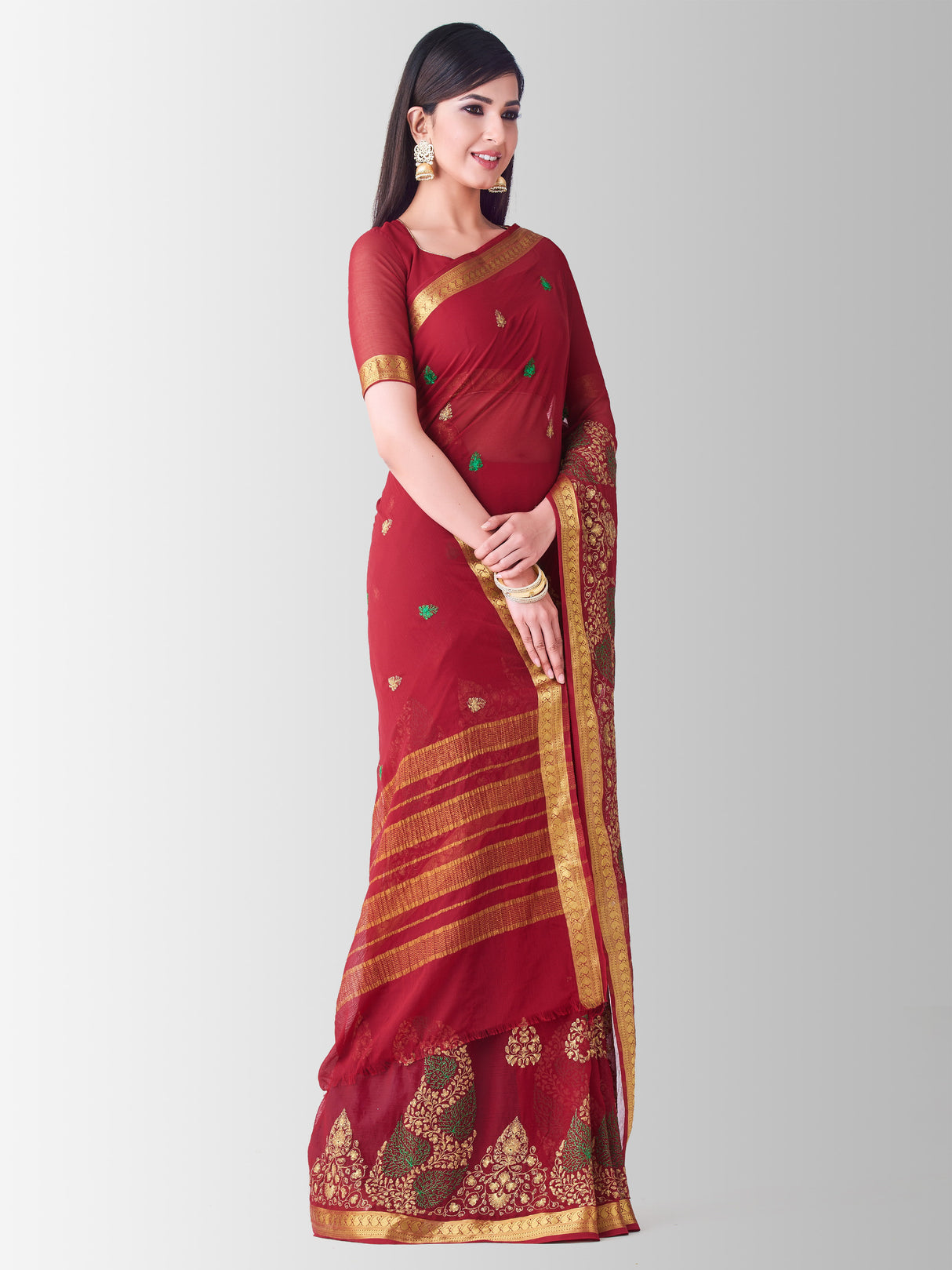 Mimosa Womens Chiffon Saree Banarasi Maroon Color