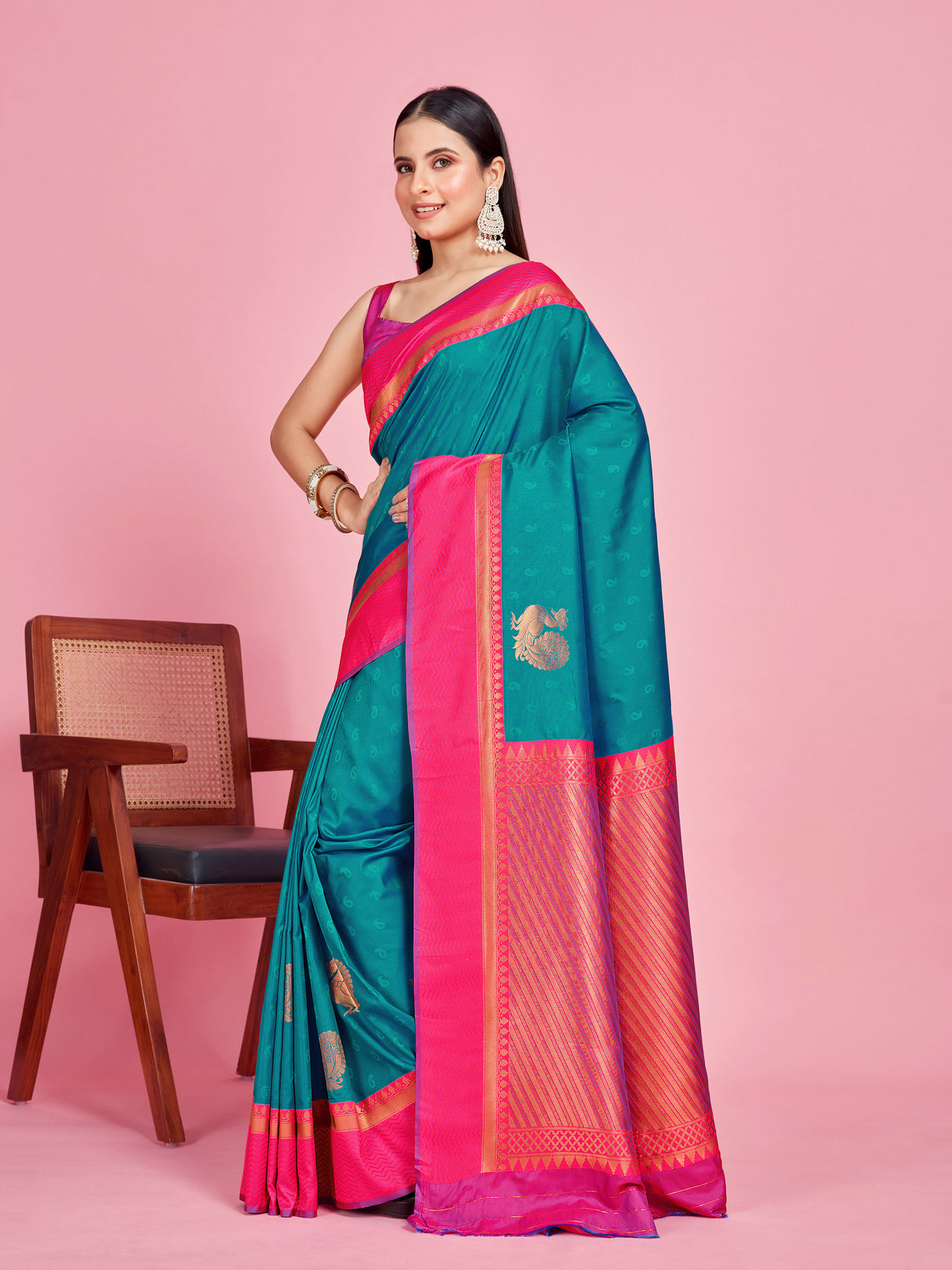 Mimosa Women's Woven Design Kanjivaram Style Art Silk Saree With Blouse Piece : SA00001387BLUFREE