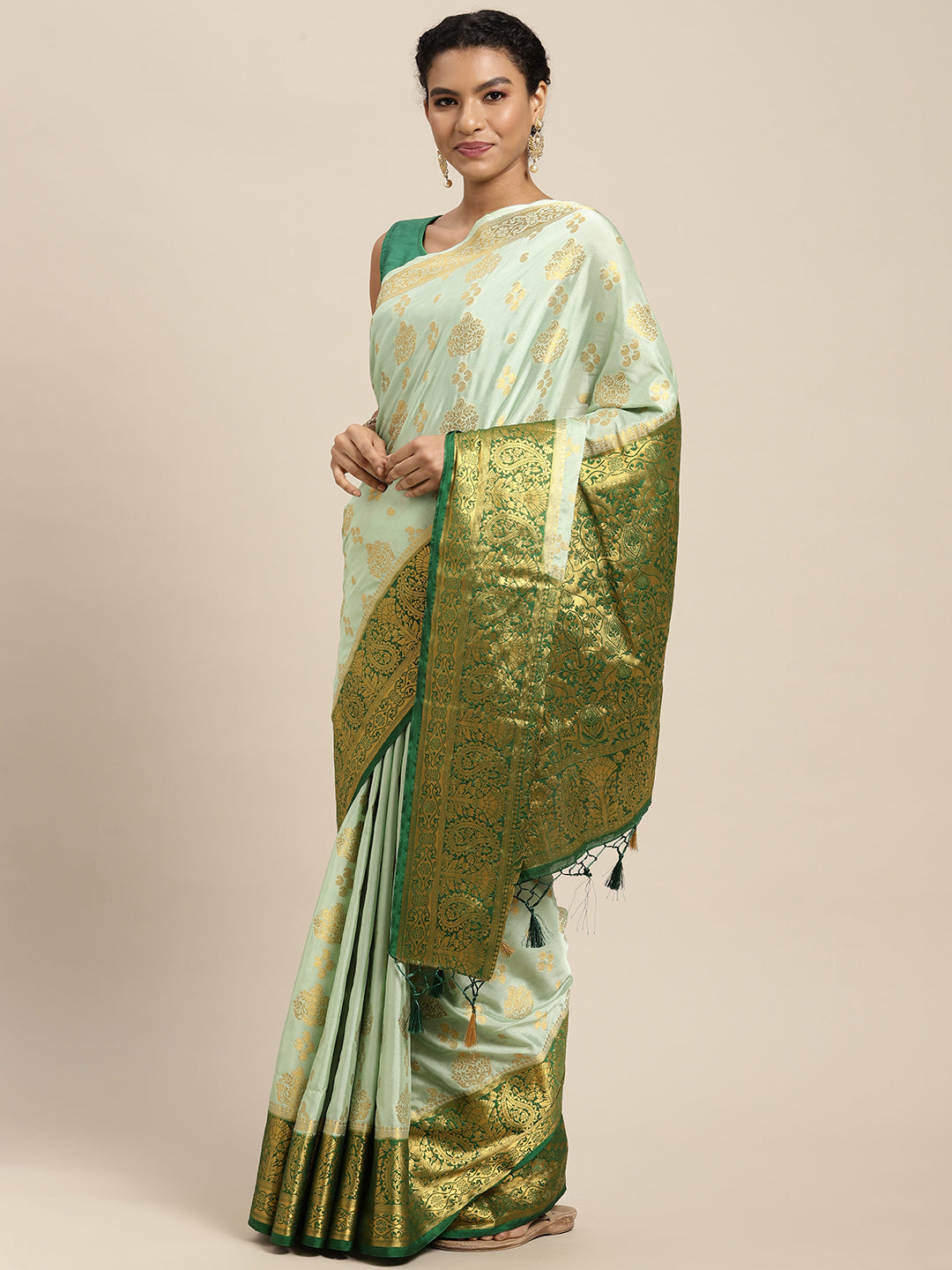 Mimosa Womens Crepe Saree Mysore Silk Pista Color