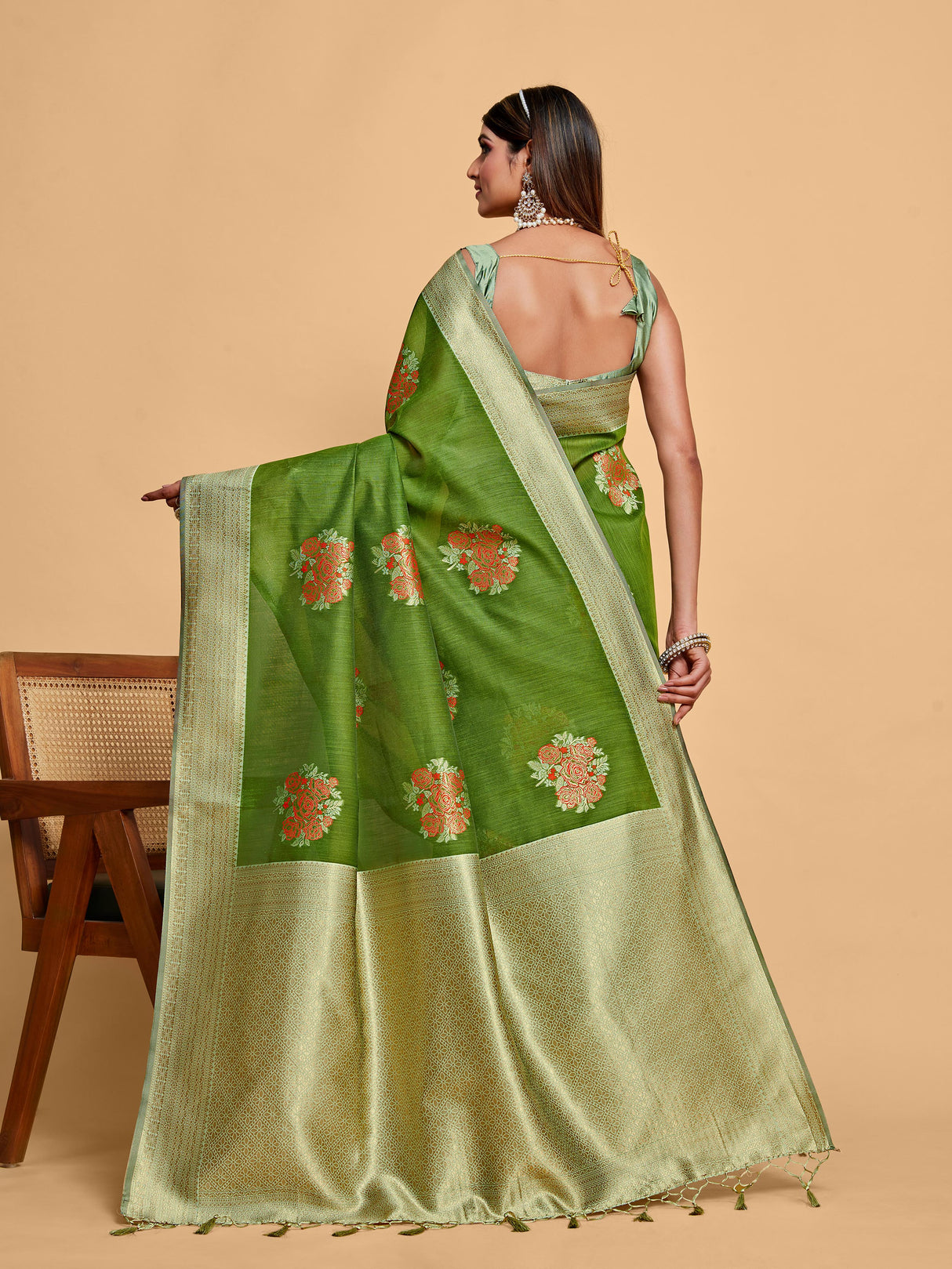 Mimosa Women's Woven Design Kanjivaram Linen Saree With Blouse Piece : SA00001231OLFREE