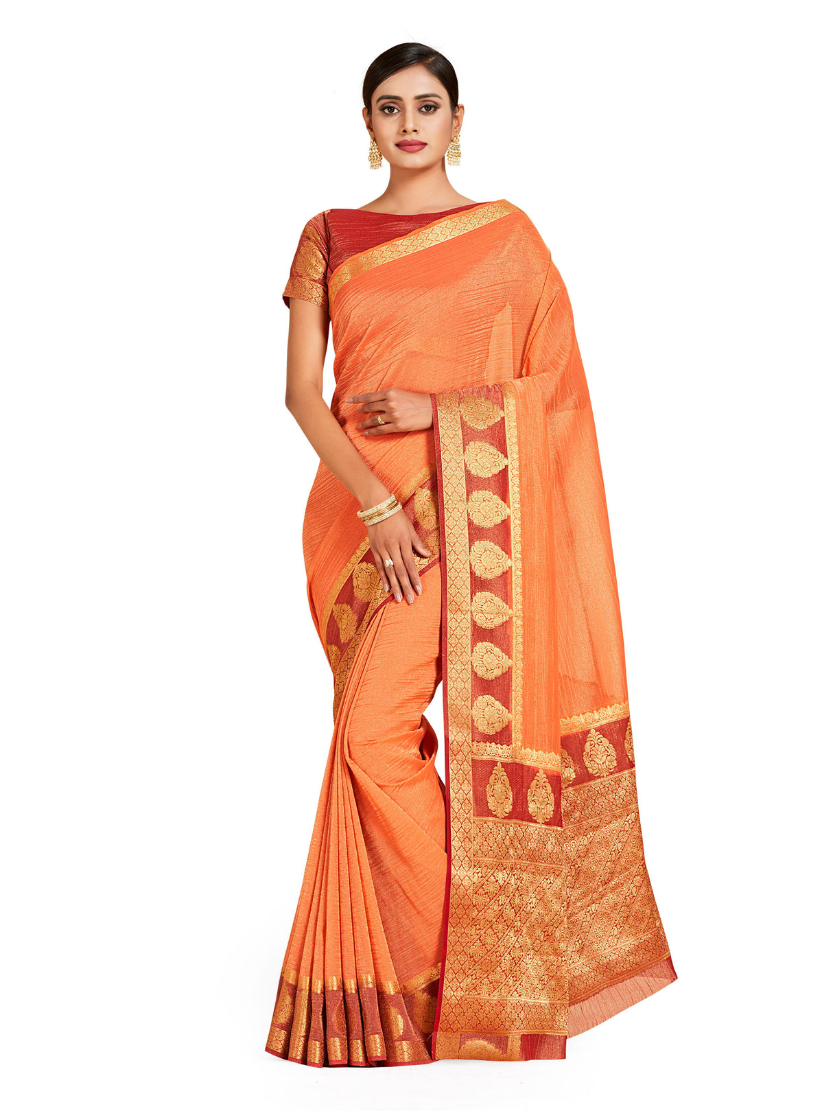 Mimosa Womens Art Silk Saree Kanjivaram style Peach Color