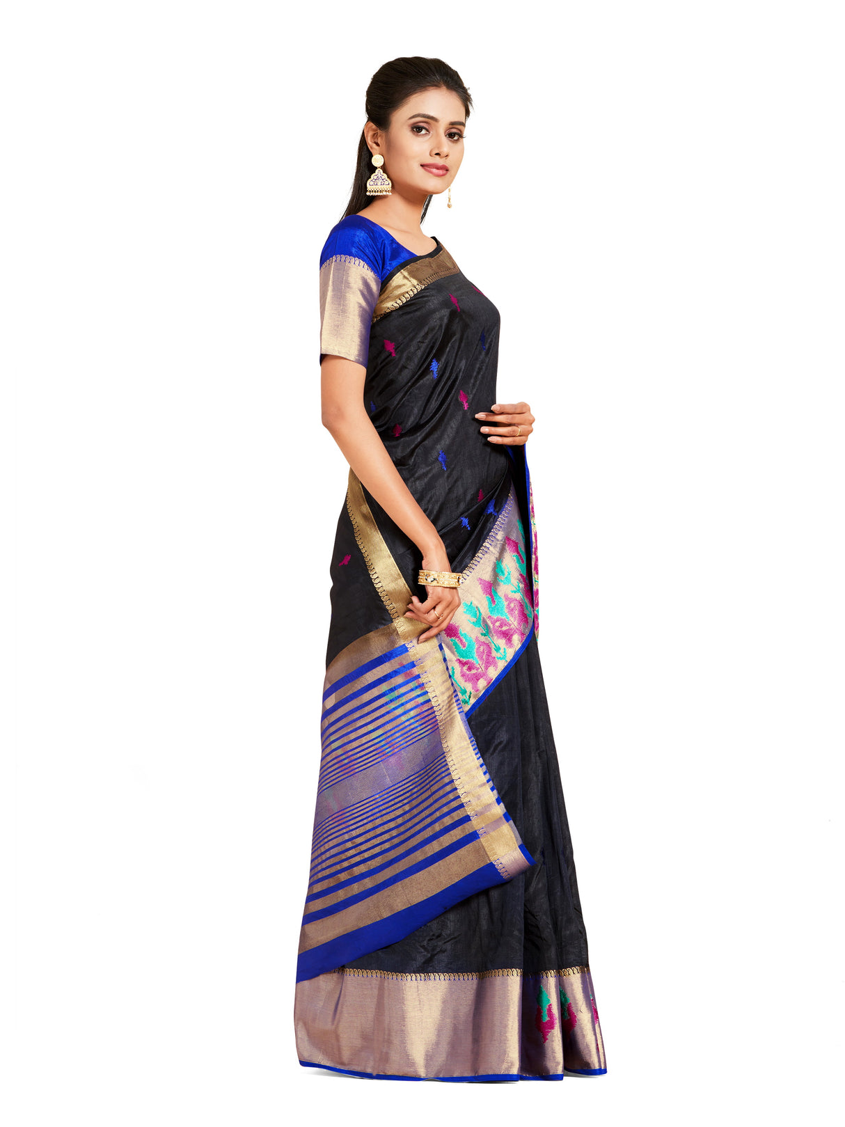 Mimosa Womens Art Silk Saree Kanjivaram style Navy Blue Color