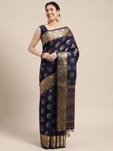 Mimosa Womens Art Silk Saree Banarasi Navy Blue Color