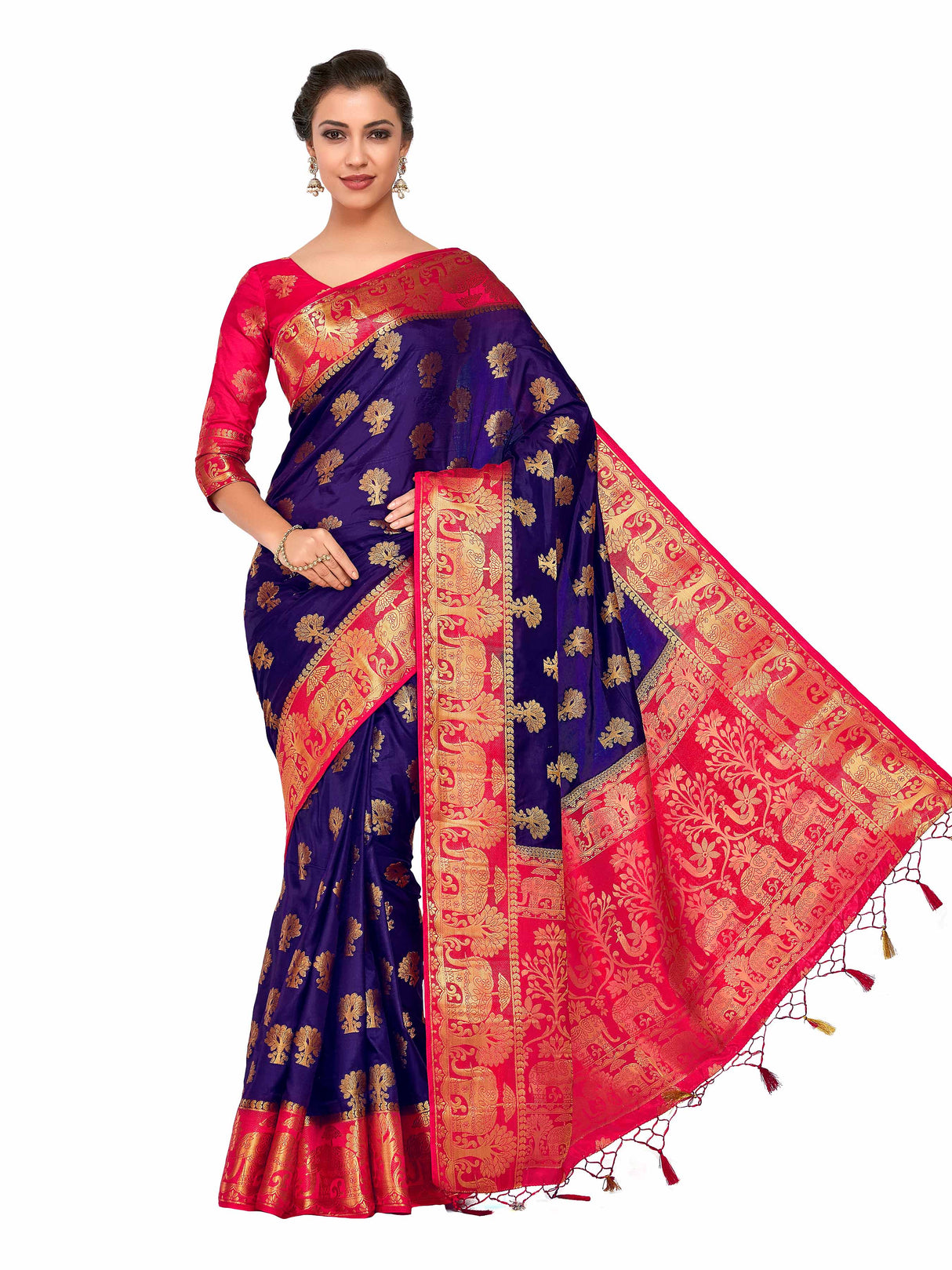 Mimosa Womens Art Silk Saree Kanjivaram Navy Blue Color