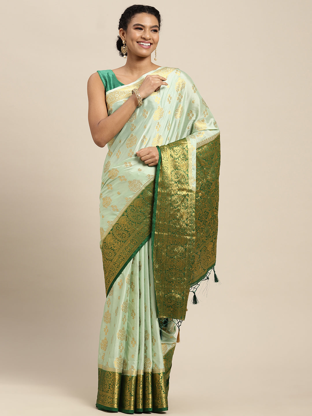 Mimosa Womens Crepe Saree Mysore Silk Pista Color