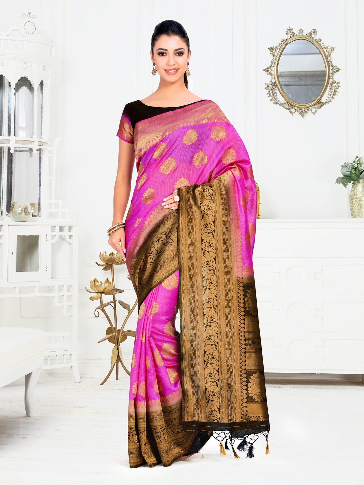 Mimosa Womens Art Silk Saree Kanjivaram Pink Color