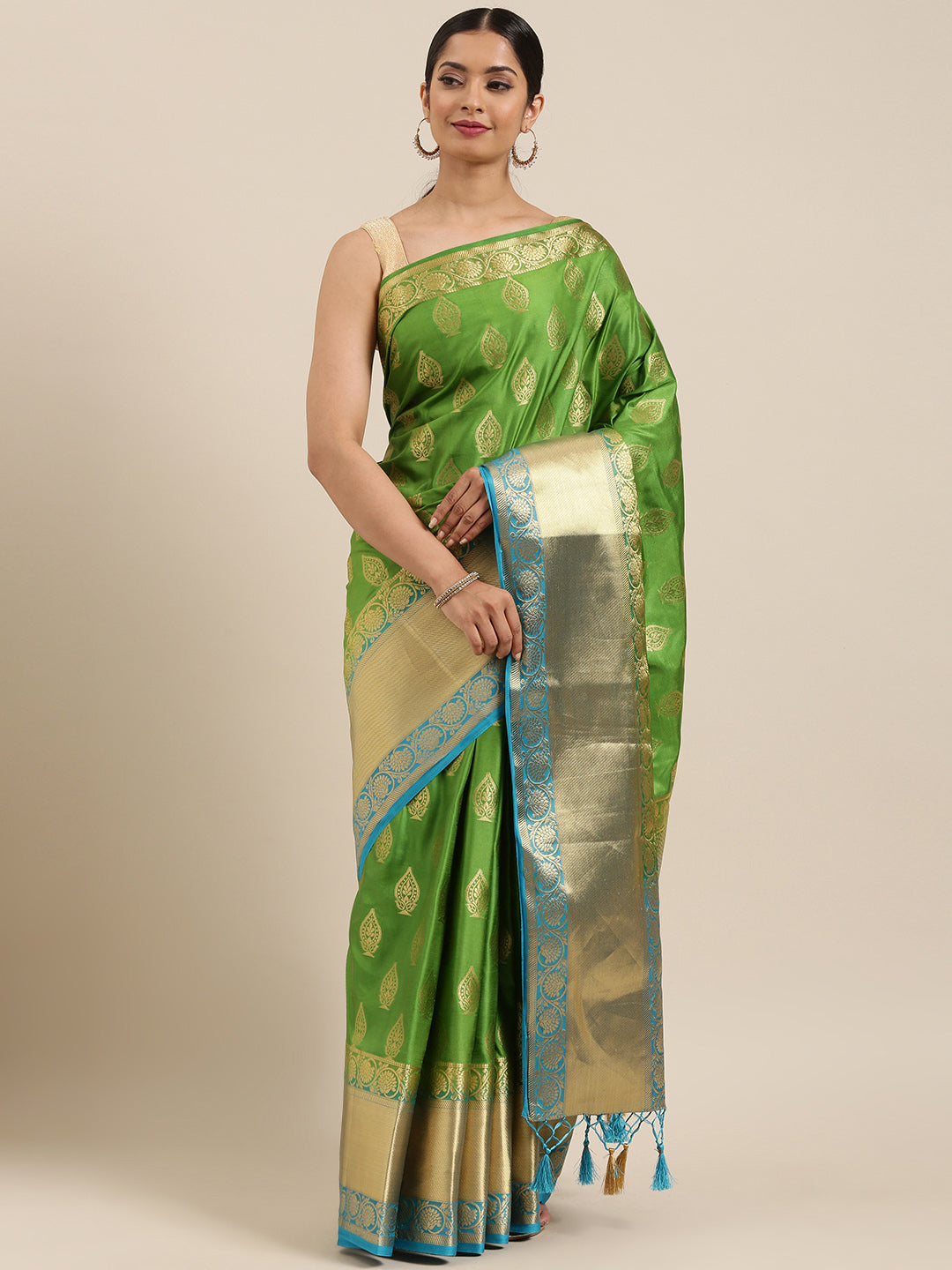 Mimosa Womens Art Silk Saree Kanjivaram Olive Color