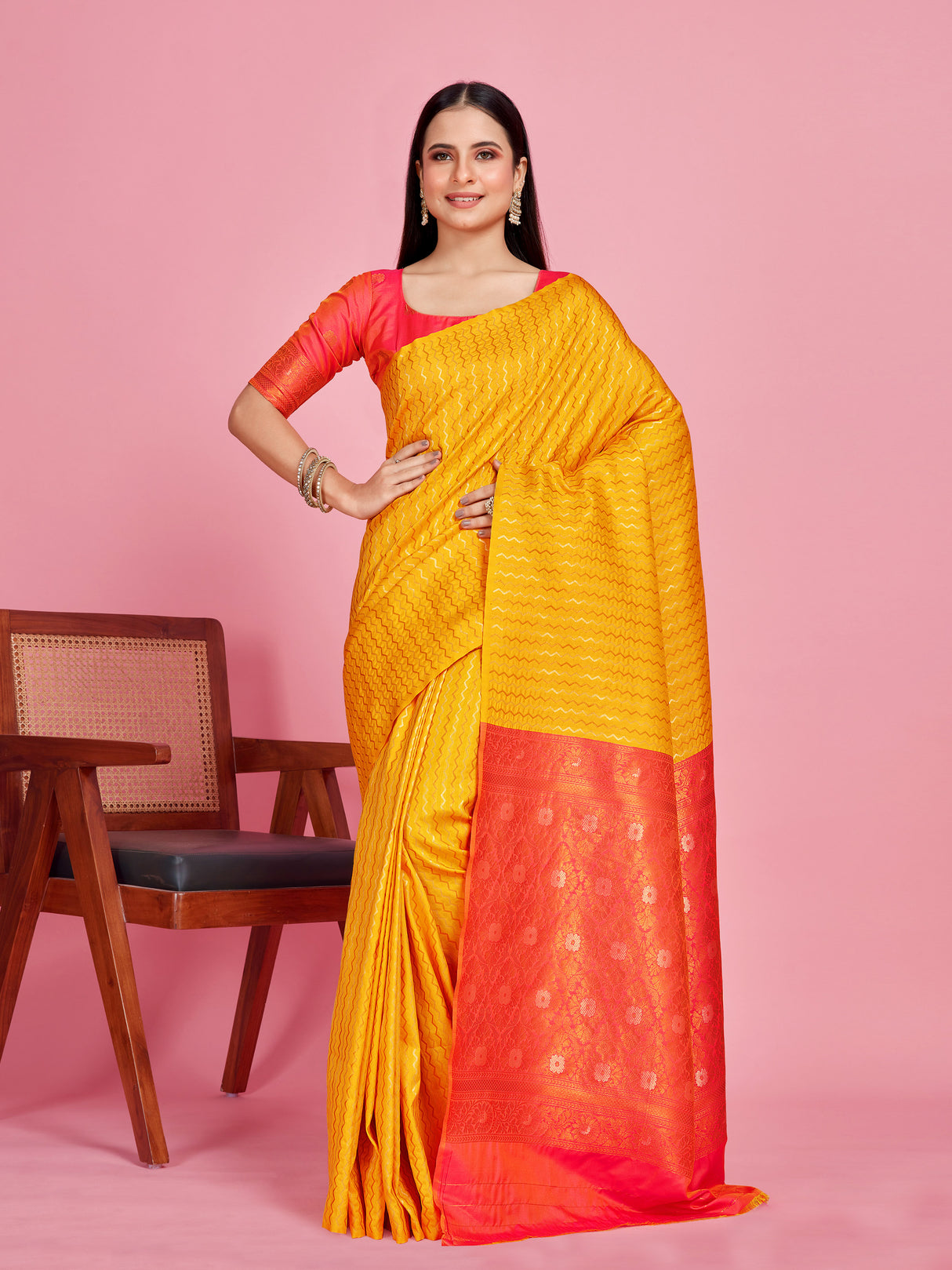 Mimosa Women's Woven Design Kanjivaram Style Art Silk Saree With Blouse Piece : SA00001375YLWFREE