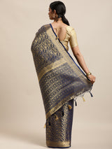 Mimosa Womens Crepe Saree Mysore Silk Navy Blue Color