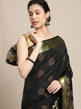 Mimosa Womens Art Silk Saree Kanjivaram Black Color