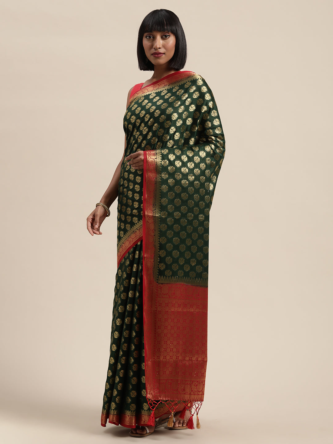 Mimosa Womens Crepe Saree Mysore Silk BGreen Color