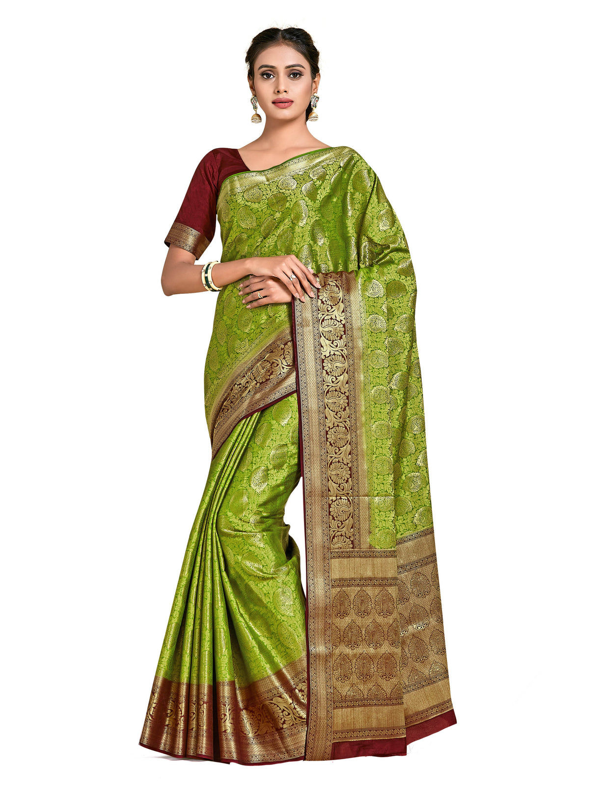 Mimosa Womens Art Silk Saree Kanjivaram Olive Color