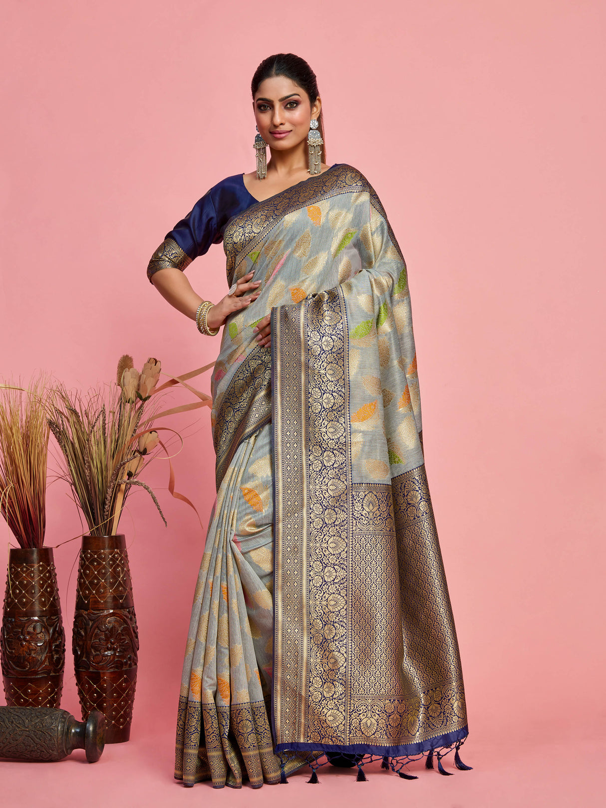 Mimosa Women's Woven Design Kanjivaram Linen Saree With Blouse Piece : SA00001245GYFREE