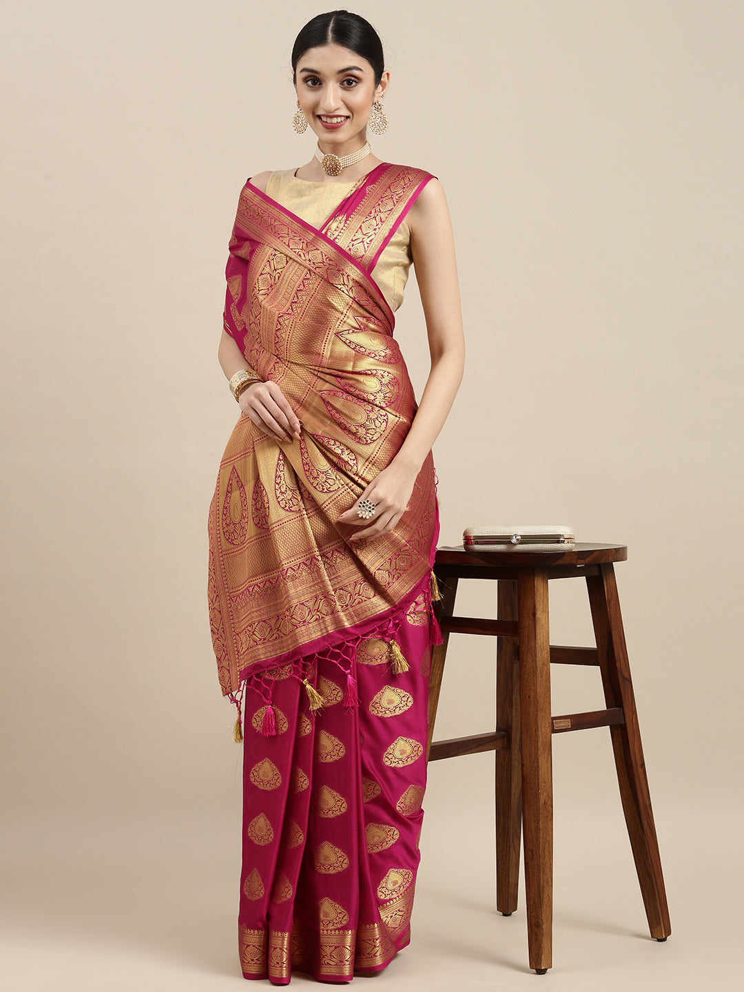 Mimosa Womens Crepe Saree Mysore Silk Rani Color