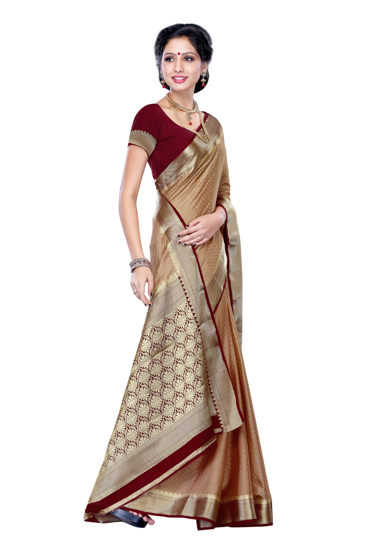 Mimosa Womens Crepe Saree Mysore Silk Chiku Color