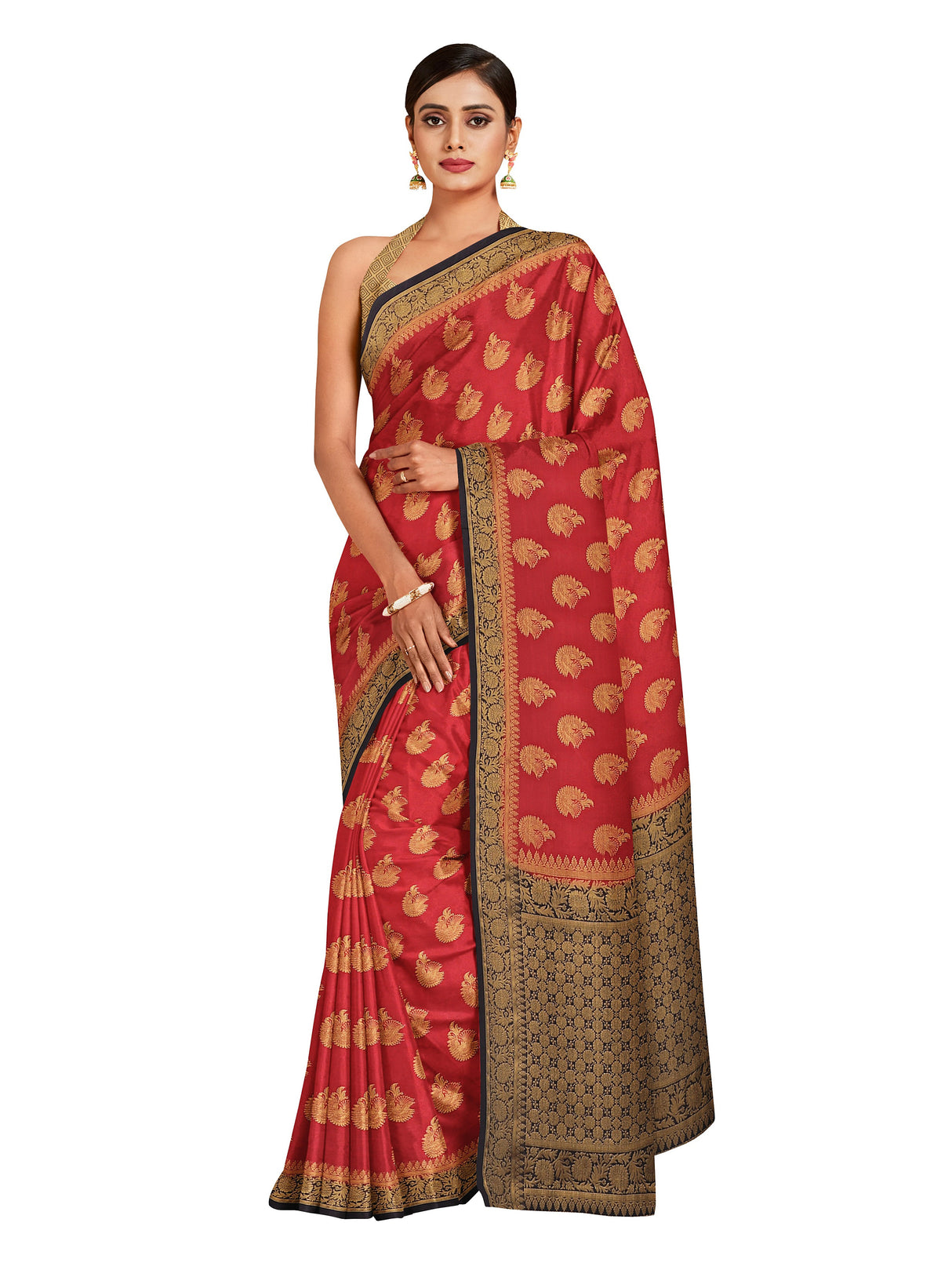 Mimosa Womens Crepe Saree Mysore Silk Strawberry Color