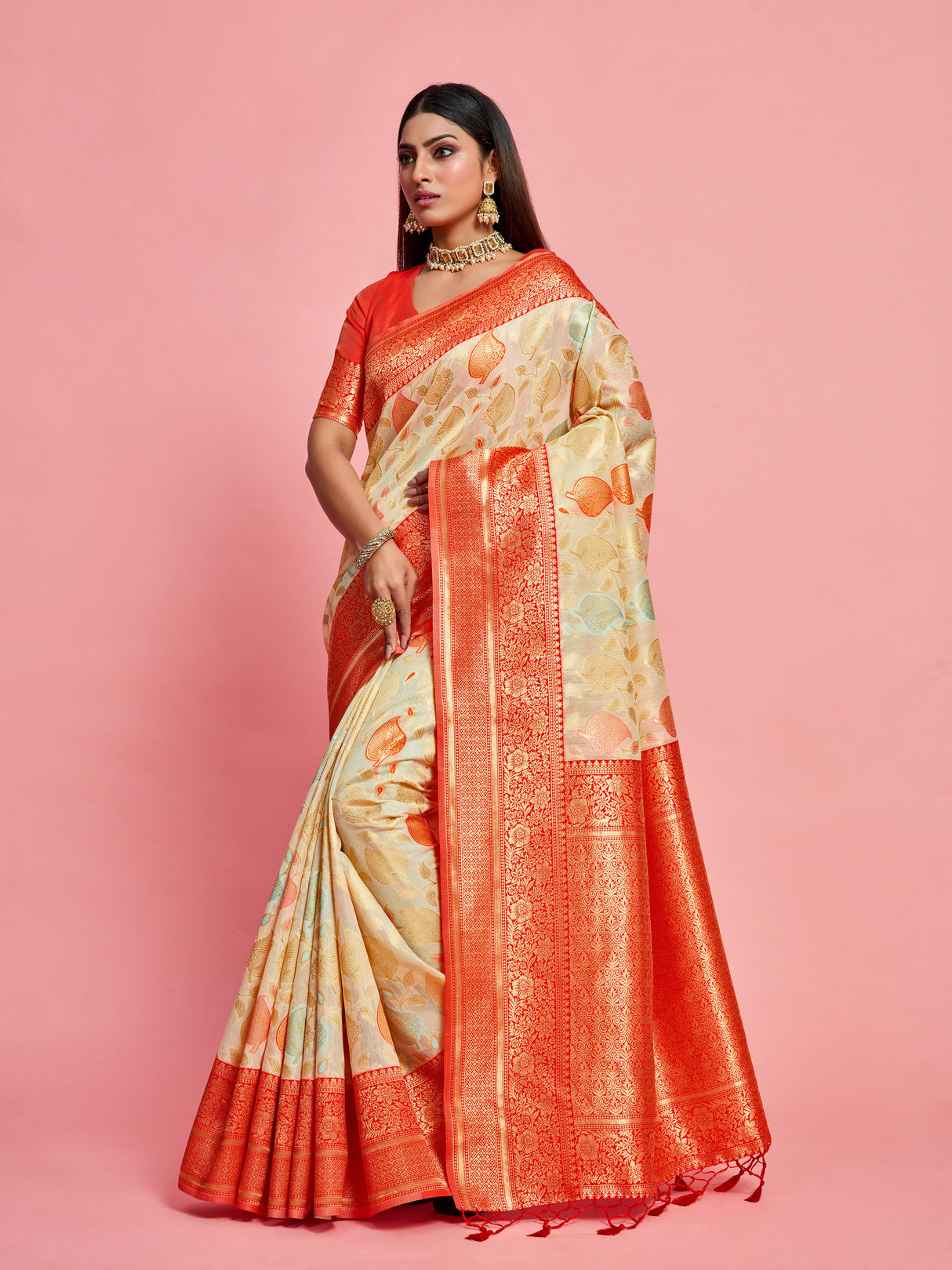 Mimosa Women's Woven Design Kanjivaram Linen Saree With Blouse Piece : SA00001236HWFREE