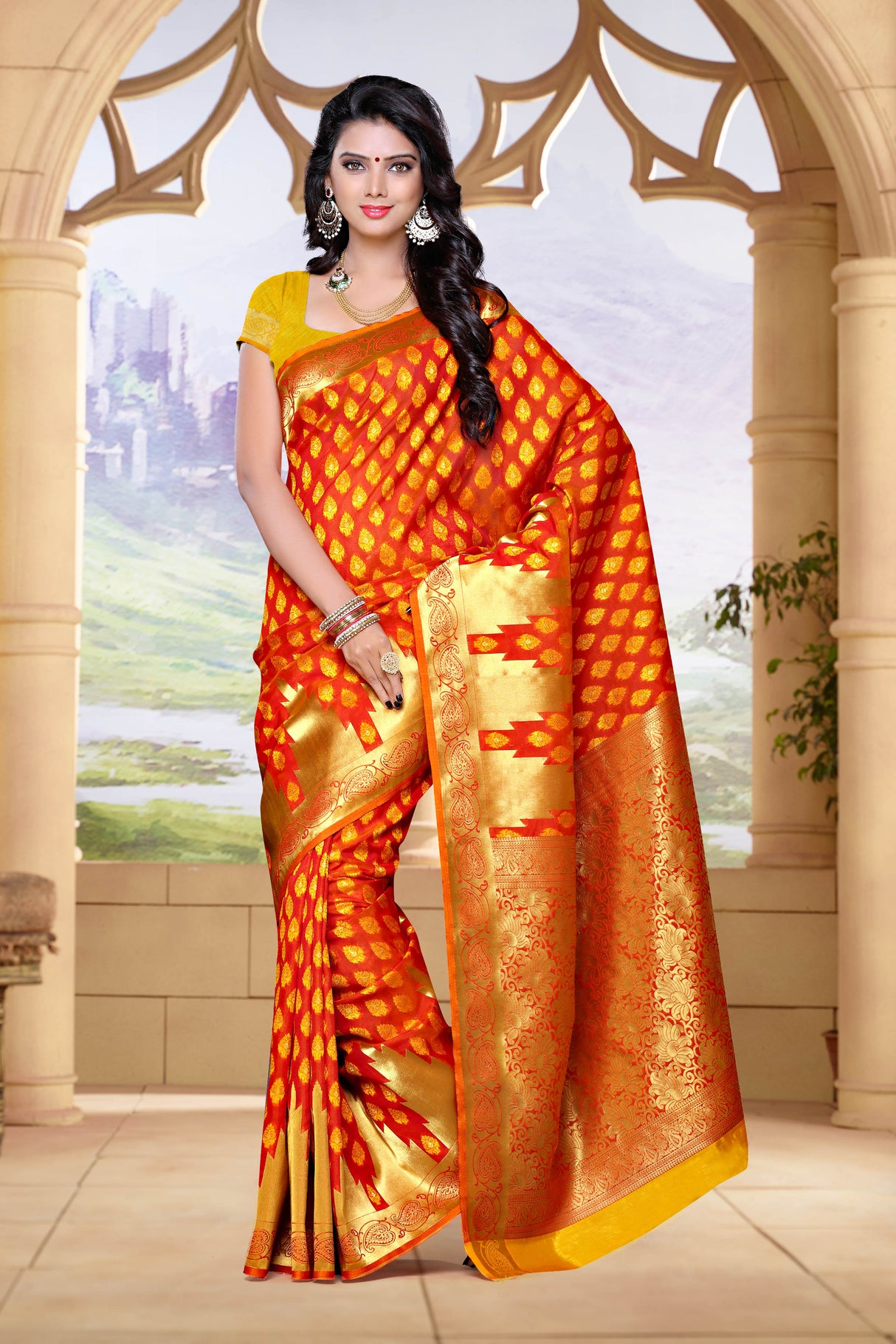 Mimosa Womens Art Silk Saree Kanjivaram Gold Color