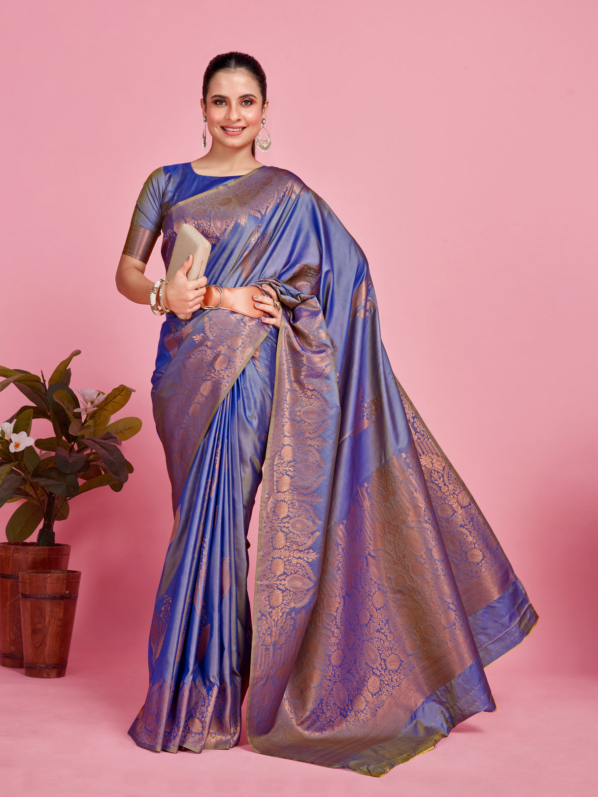 Mimosa Women's Woven Design Kanjivaram Style Art Silk Saree With Blouse Piece : SA00001382BLUFREE