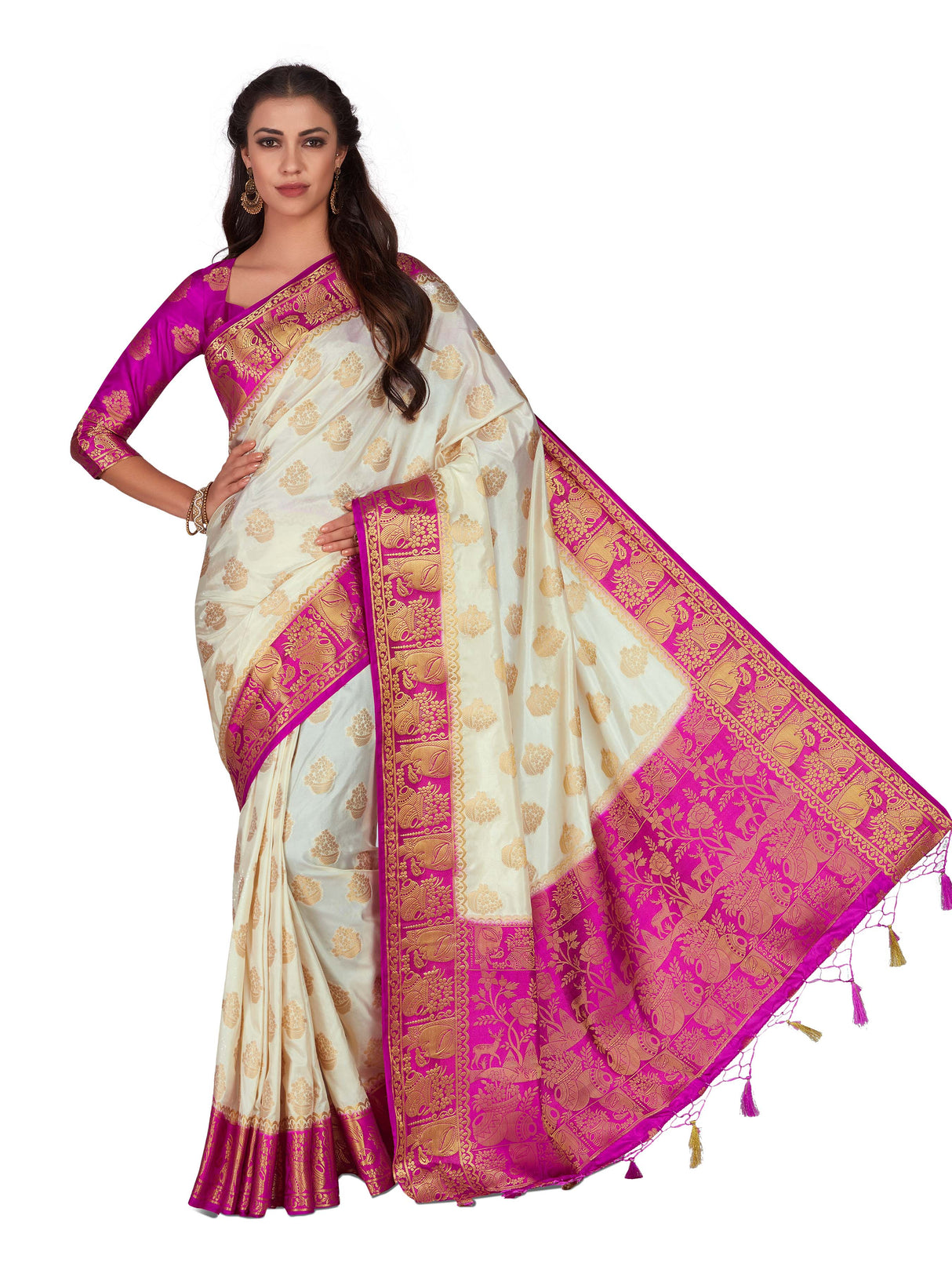 Mimosa Womens Art Silk Saree Kanjivaram Halfwhite Color