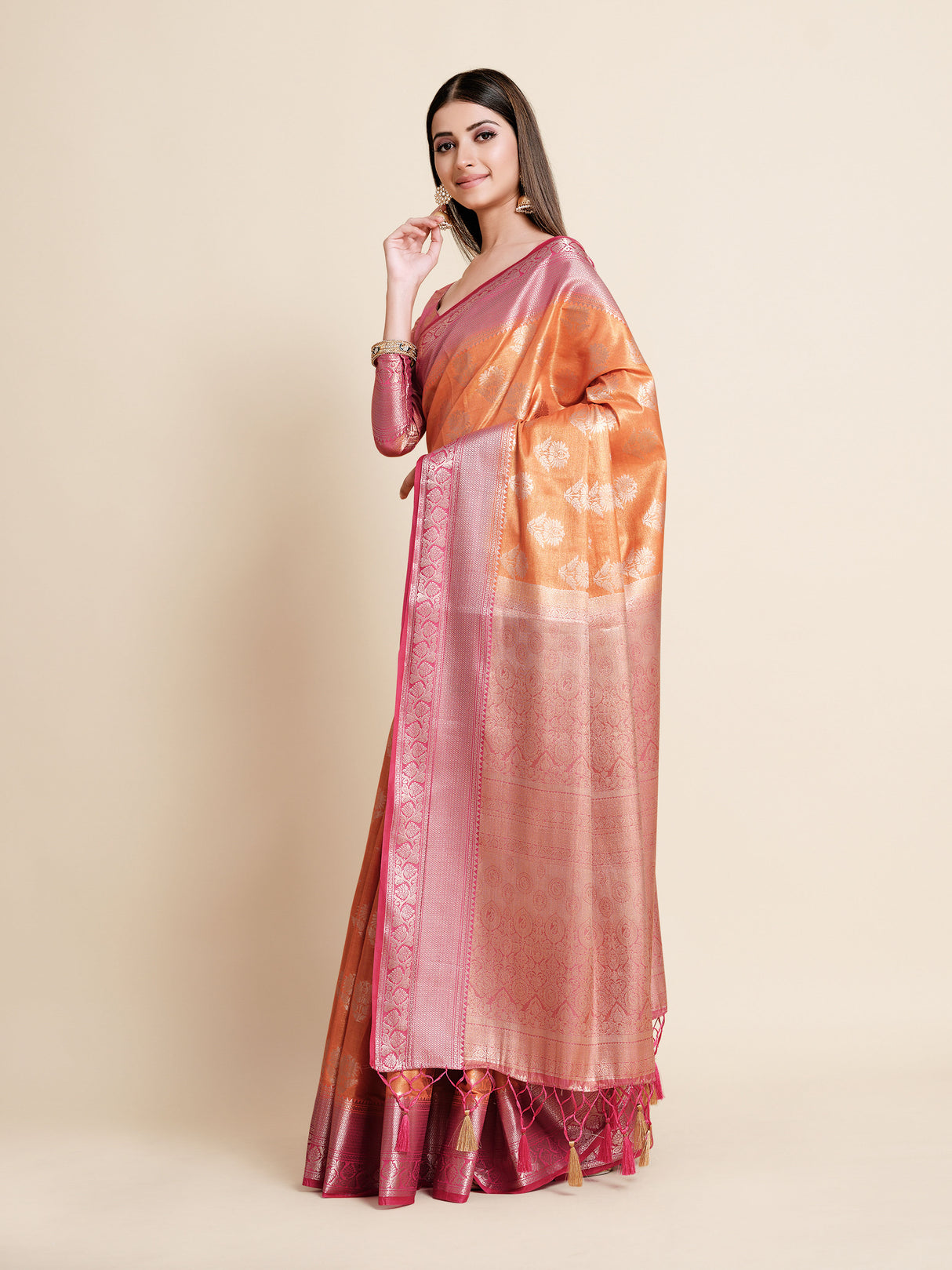 Mimosa Womens Art Silk Saree Kanjivaram Peach Color