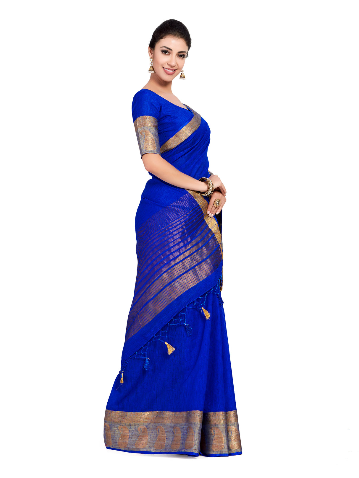 Mimosa Womens Linen Saree Kanjivaram style Royal Blue Color