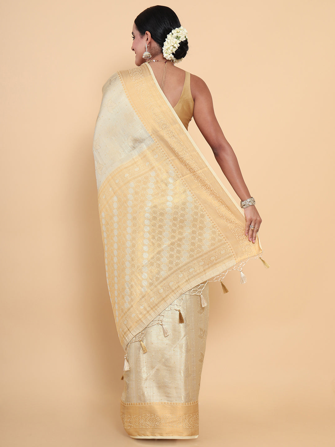 Mimosa Womens Art Silk Saree Kasavu Cream Color