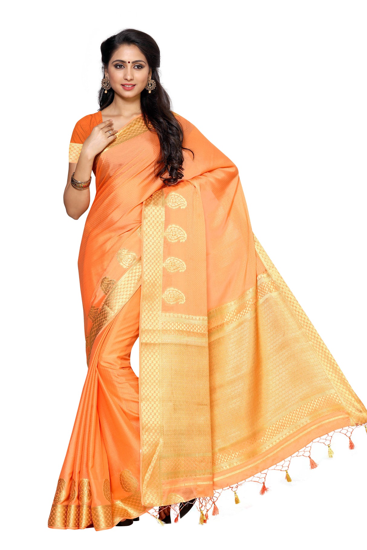 Mimosa Womens Crepe Saree Mysore Silk style Peach Color