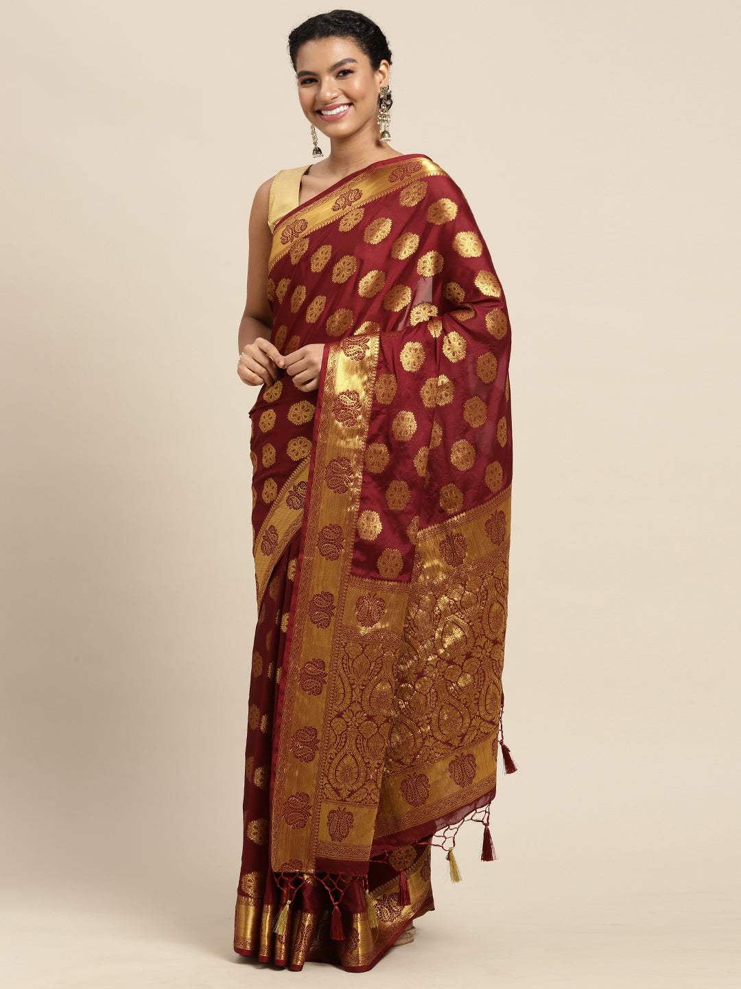 Mimosa Womens Crepe Saree Mysore Silk Chocolate Color