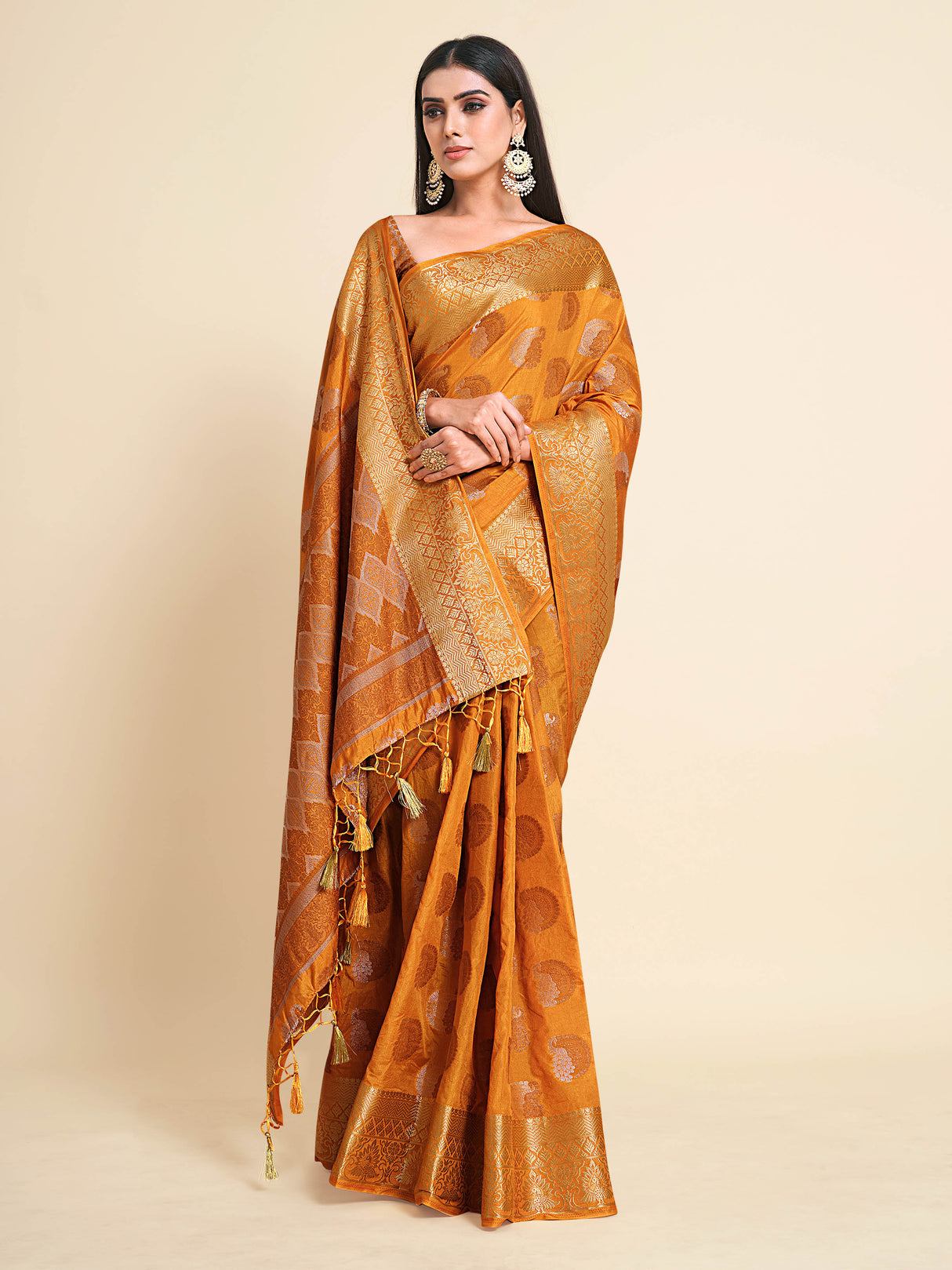 Mimosa Womens Art Silk Saree Kanjivaram Mustard Color