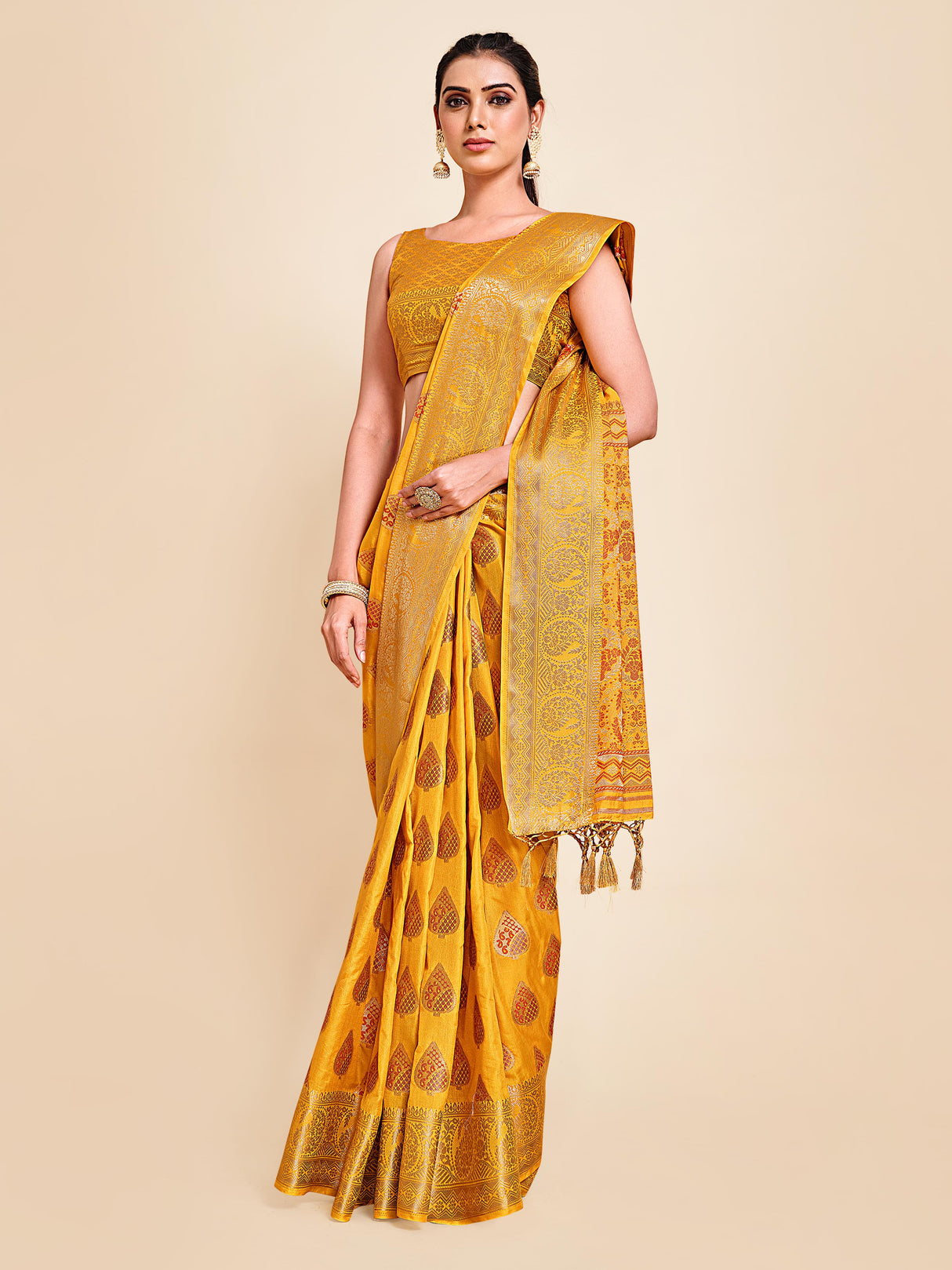 Mimosa Womens Art Silk Saree Kanjivaram Gold Color