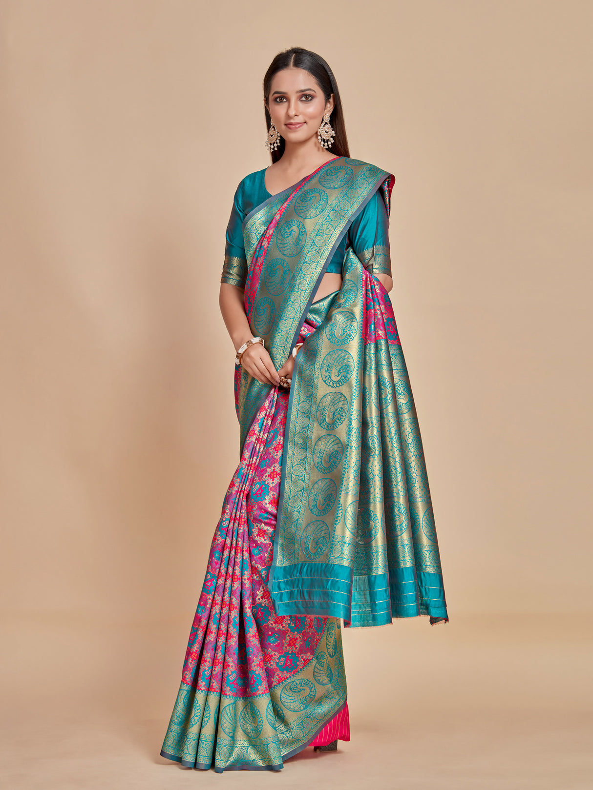 Mimosa Women's Woven Design Patola Style Art Silk Saree With Blouse Piece : SA00001346PNKFREE