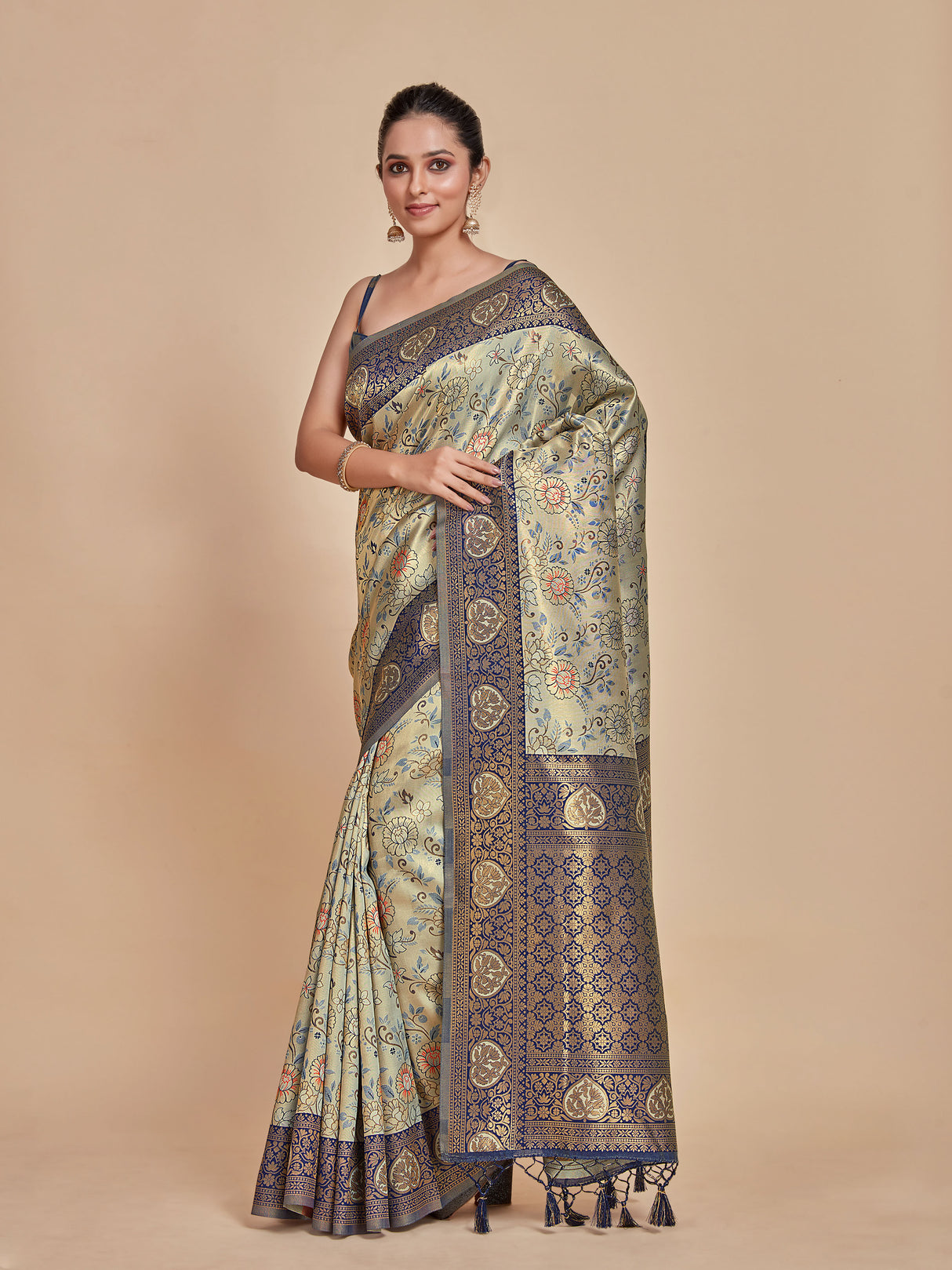 Mimosa Women's Woven Design Kanjivaram Style Art Silk Saree With Blouse Piece : SA00001251GYFREE