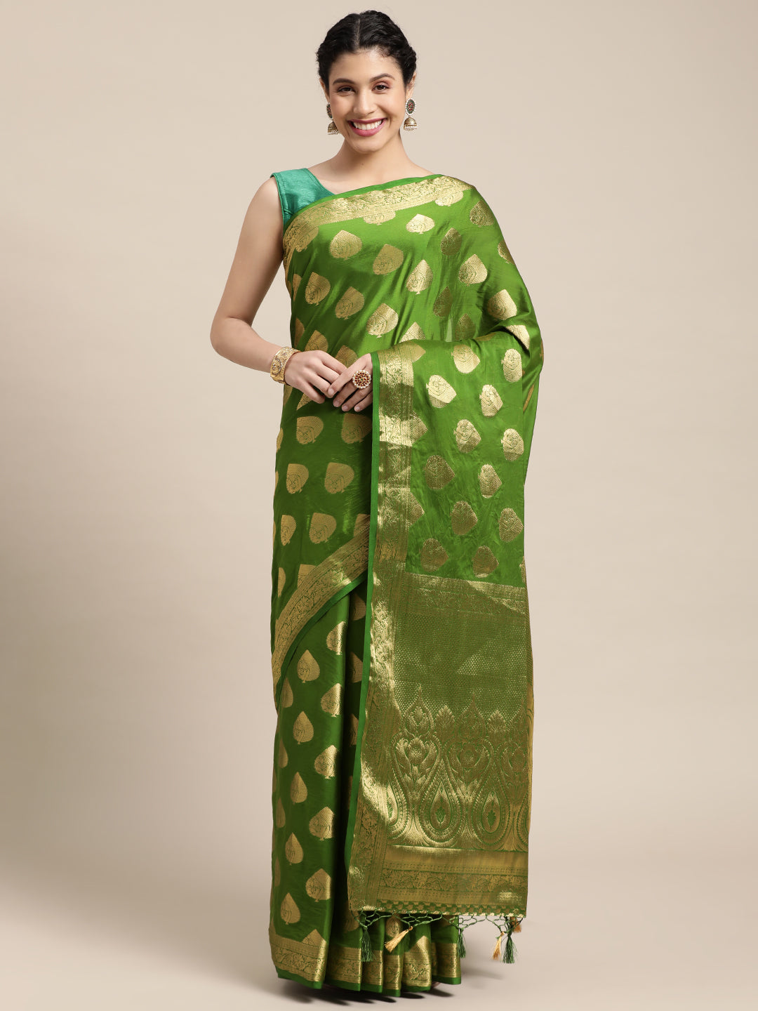 Mimosa Womens Crepe Saree Mysore Silk Olive Color