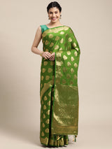 Mimosa Womens Crepe Saree Mysore Silk Olive Color