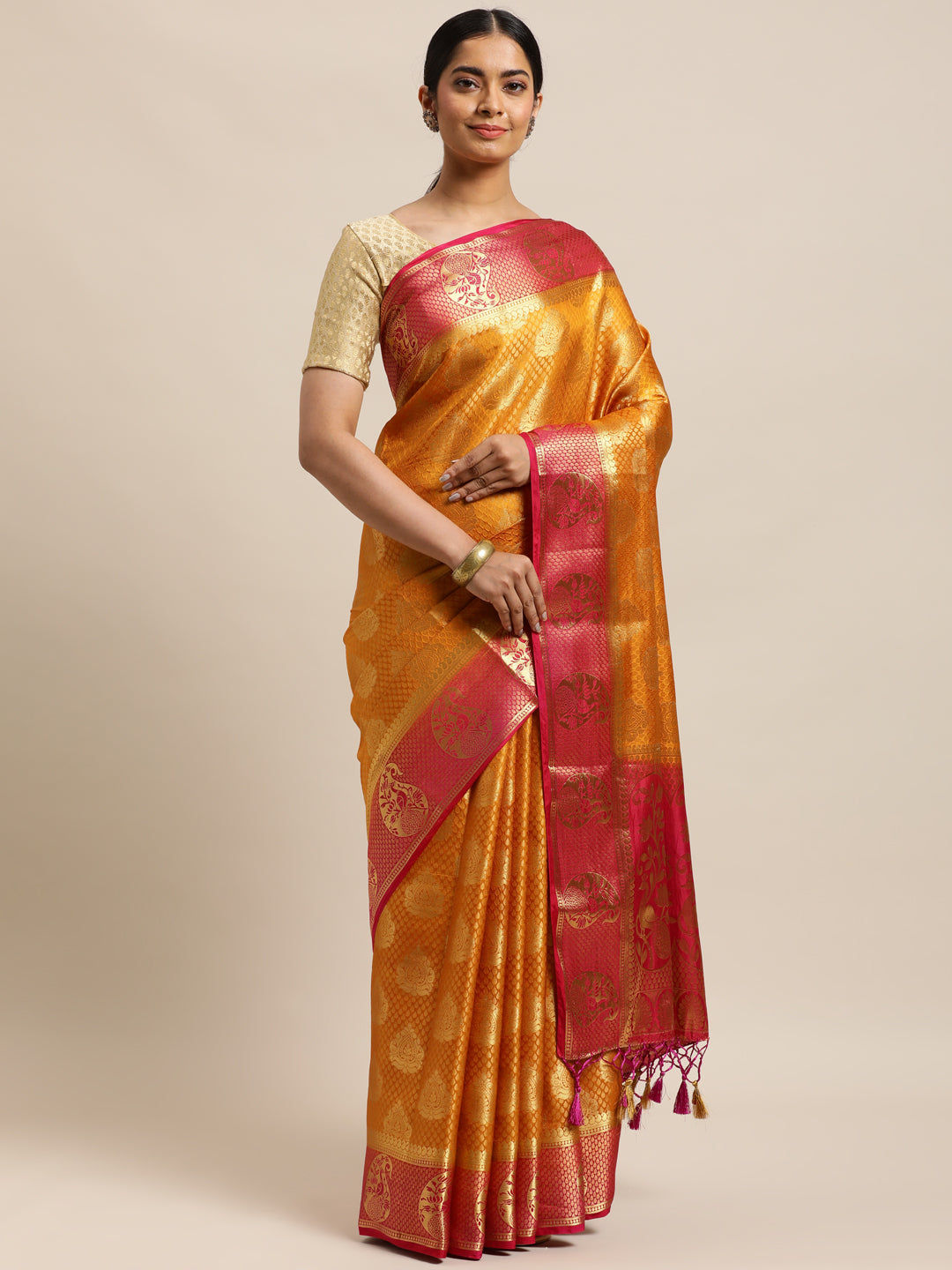 Mimosa Womens Art Silk Saree Kanjivaram Mustard Color