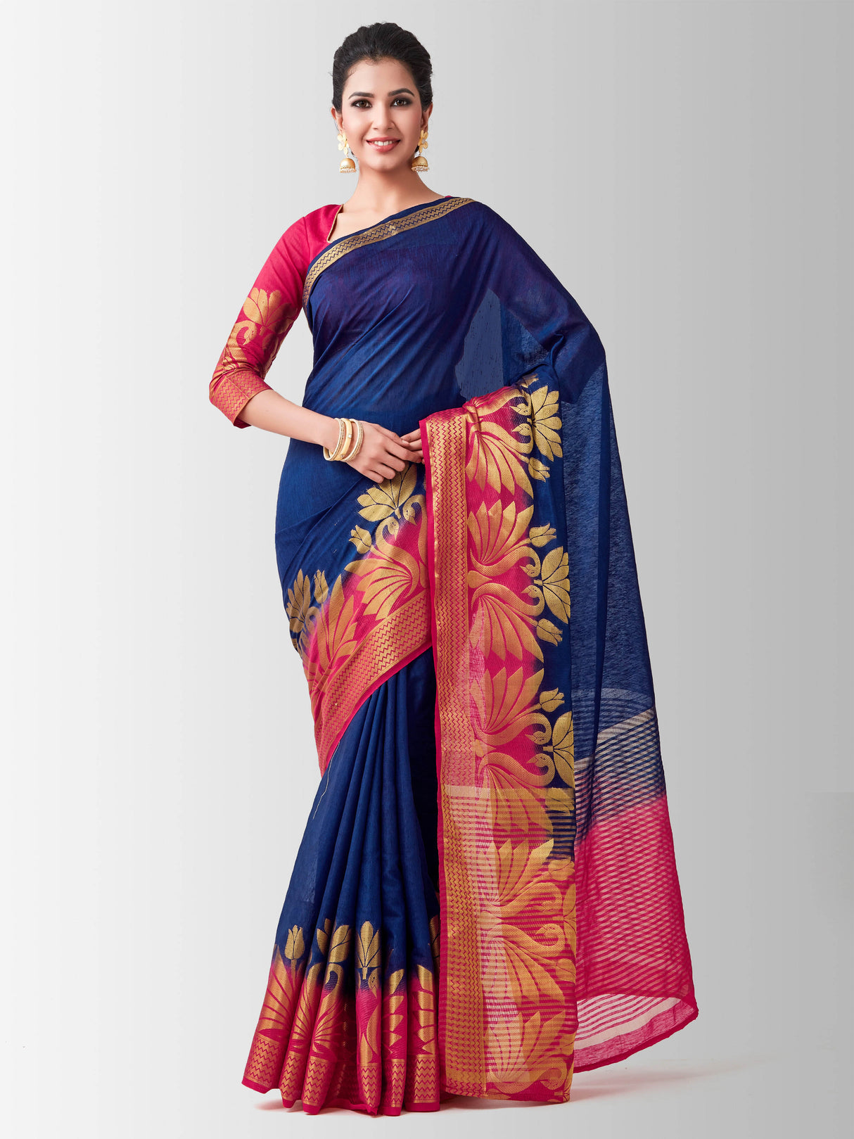 Mimosa Womens Linen Saree Kanjivaram style Navy Blue Color