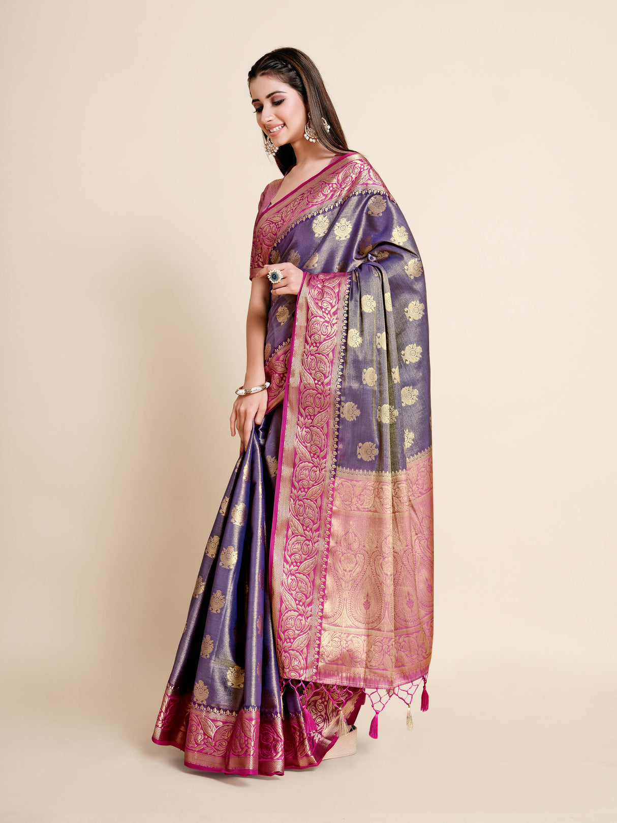 Mimosa Womens Art Silk Saree Kanjivaram Navy Blue Color